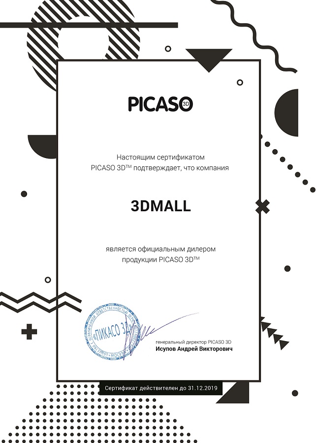Фото Сертификат PICASO 2019 компания 3DMall